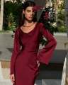 Elegant Wine Red Silk Bodycon Maxi Dress – Full Sleeves | Evening & Party Wear. 