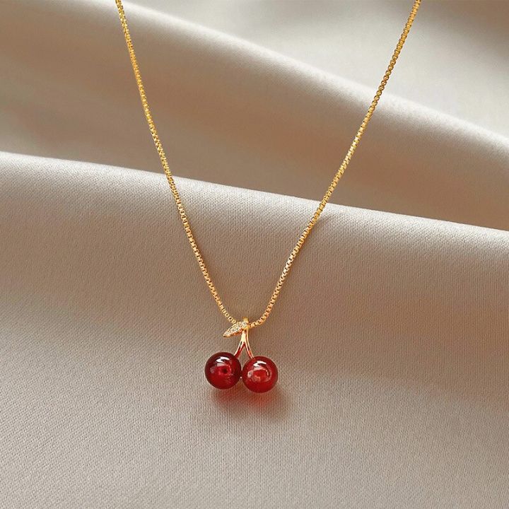 Little Wine Red Cherry Pendant Necklaces Women Fashion Personality Fruit Golden Chain Necklace Party Jewelry Birthday K0