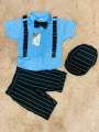 5 pcs party dress set for 6 month to 7 years kids with half sleeve shirt , half pant , cap , bow tie and suspender. 