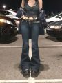 Kalevest Y2K High Street Low Rise Jeans Blue Women Pants Bootcut Pockets Jeans Streetwear Low Waist Jeans Wide Leg Pants.