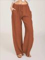 Women's Cotton Linen Pants Casual Loose Solid Elastic Waist Pocket Straight Trousers Ladies Oversize Wide Leg Pant Streetwear. 