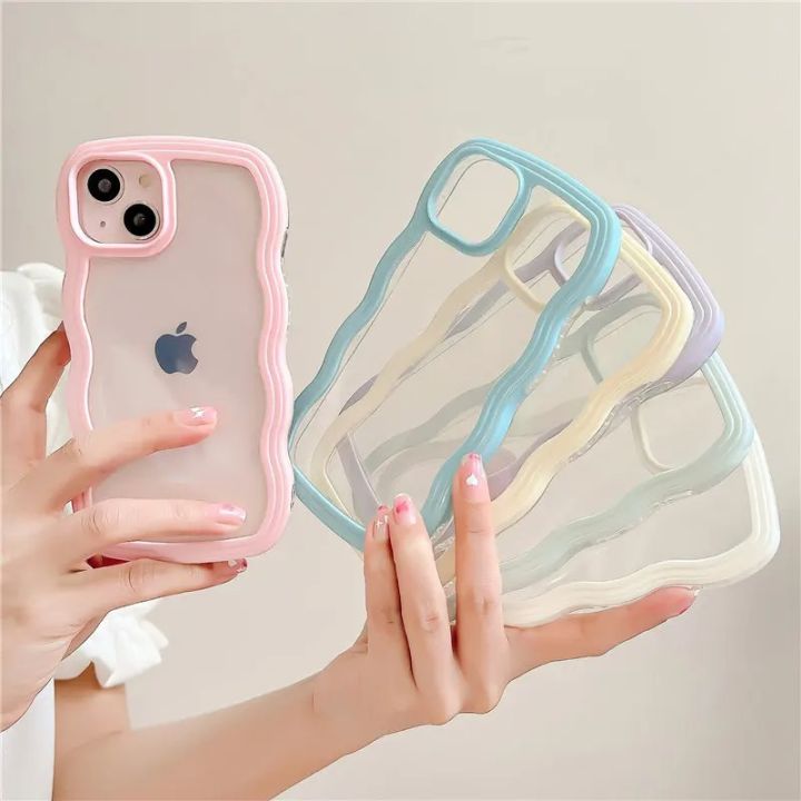 Cute Transparent Curly Wave Case for iPhone 11 12 13 14 Pro Max 7 8 Plus X XR XS SE 2020 2022 Shockproof Bumper Cover Aesthetic