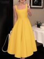 ZANZEA Women Sleeveless Tank Dress Vintage Solid A-line Dresses 2024 Summer Holiday Waisted Robe Casual Square Collar Midi Robe. 