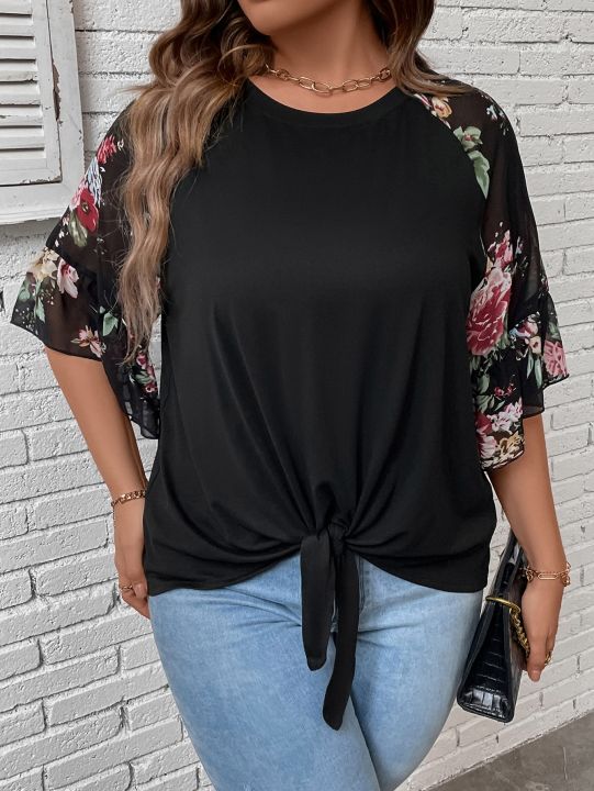 Women's%20Plus%20Size%20Floral%20Print%20Blouse,%20Casual%20Sheer%20Mesh%20Flare%20Sleeve%20Knot%20Front%20T-Shirt,%20Round%20Neck%20Loose%20Summer%20Top%20For%20Ladies%20-%20Image%203