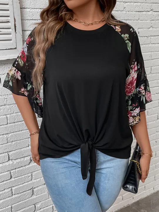 Women's%20Plus%20Size%20Floral%20Print%20Blouse,%20Casual%20Sheer%20Mesh%20Flare%20Sleeve%20Knot%20Front%20T-Shirt,%20Round%20Neck%20Loose%20Summer%20Top%20For%20Ladies%20-%20Image%203
