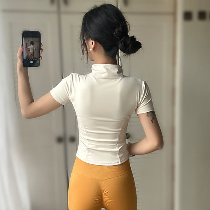 Summer%20High%20Quality%20Waist%20Slimming%20Training%20Tops%20Women's%20Quick-drying%20Tight%20Stand%20Collar%20Full%20Zipper%20Short%20Sleeves%20Yoga%20Shirts%20-%20Image%202