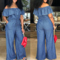 Plus Size 5xl Elegant Office Jumpsuits Women Long Denim Rompers 2024 Summer Casual Solid Color Ruffle Off Shoulder Overalls. 