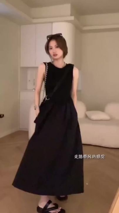 New Summer Simple Elegant Black Long Dresses For Women Round Neck Sleeveless High Waist Temperament Female Fashion Style Dress
