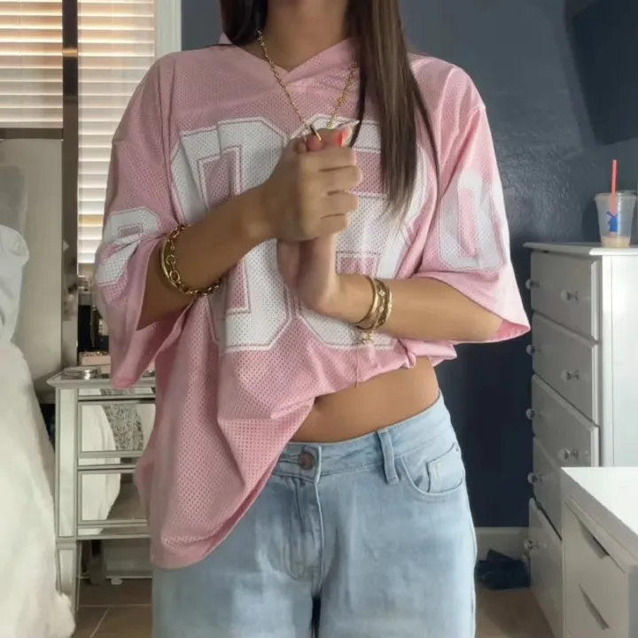 Summer%20Women'S%20Football%20Jersey%20Tshirt%20V-Neck%20Mesh%20Fashionable%20Streetwear%203d%20Printing%20%20Versatile%20Outfit%20Y2k%20Trendy%20Casual%20Top%20-%20Image%205