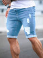 Summer Men's Retro High Waist Denim Shorts Hole-Punched Straight Leg Stretchy Casual Jeans Blue Black American Style Male Pants. 