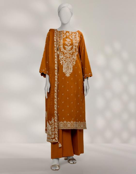 Junaid Jamshed Orange Cambric Embroidered Unstitched 3 Piece Suit For Women And Girls - Designcode: Jlawn-W-25-3606 Patchwork-4