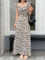Chic Korean Clothes Design Autumn Women Sleeveless Japan Girls Cute Floral Printed Retro Vintage Date Black Long Maxi Dress. 