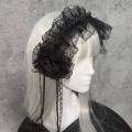 Gothic Lolita Lace Headband with Rose Flower Pearl Tassel Black White Frilled Headdress for Women Cosplay Party Hair Accessories.
