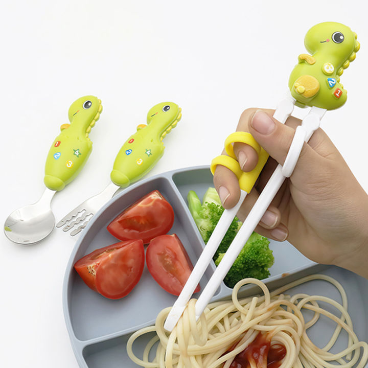 Dinosaur Style Children Practice Chopsticks, Baby Spoon/Fork Cutlery Storage Box Set, Suitable For 3-6 Years Old Eating Utensils