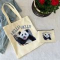 2 Pcs Cute Panda Ladies Handbag Cosmetic Bag Fashion Canvas Shoulder Bag Eco-friendly Large Capacity Shopping Bag Wallet. 