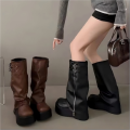 2026Arrival Fashionable Wide-Leg Knight Long Boots with Inner Elevator & Thick Sole, Side Zipper, Belt Buckle and Slouchy Design.