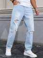 Men's Light Blue Ripped Jeans for Spring and Autumn. Casual Denim Trousers. Street Ripped Daily Casual. 