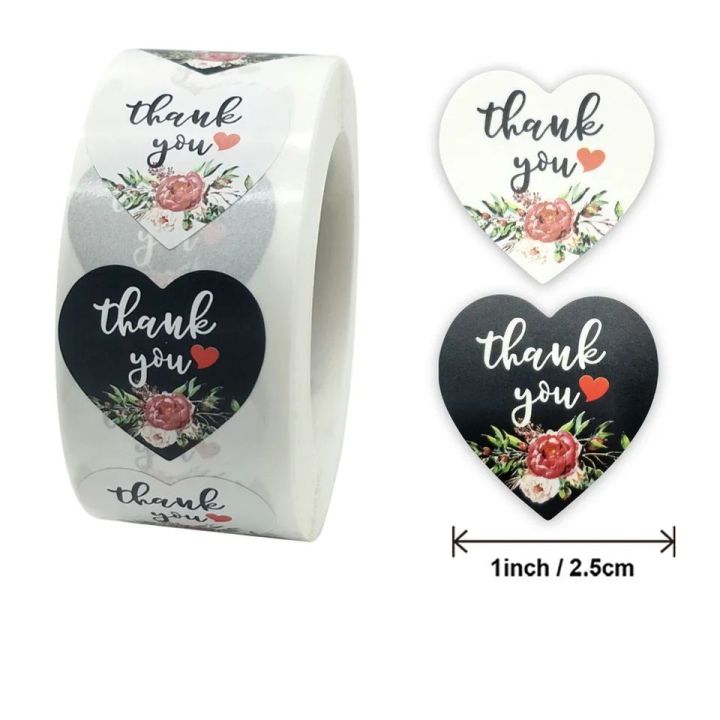 100 Pcs of Thank You Floral Stickers Heart Style Black & White, Thank