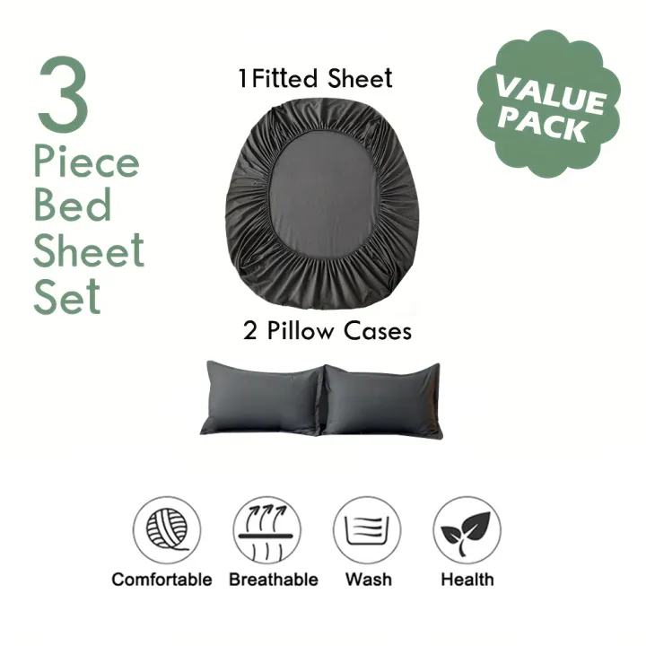 3pcs%20Cotton%20Fitted%20Bed%20Sheet%20Set%20(1%20Fitted%20Sheet%20+%202%20Pillowcases)%20Breathable%20Soft%20Mattress%20Cover%20with%20Pillow%20Cover%20Bedding%20Set%20-%20Image%202