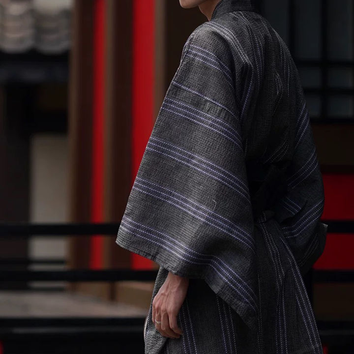 Summer%20Grey%20Japanese%20Traditional%20Samurai%20Kimono%20For%20Men%20Yukata%20Bathing%20Robe%20Hekoobi%20Loose%20Style%20Homewear%20Belt%20Long%20Gown%20Cotton%20-%20Image%203