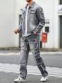 Men's Street Style Casual Distressed Raw-Hem Grey Denim Set, a Minimalist and Fashionable Two-Piece Ensemble.. 