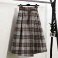 Gray Plaid Vintage Woolen Sashe Elastic High Waist A-line Loose Women's Skirt Mid-Calf Long Skirts For Women Clothing Fashion. 