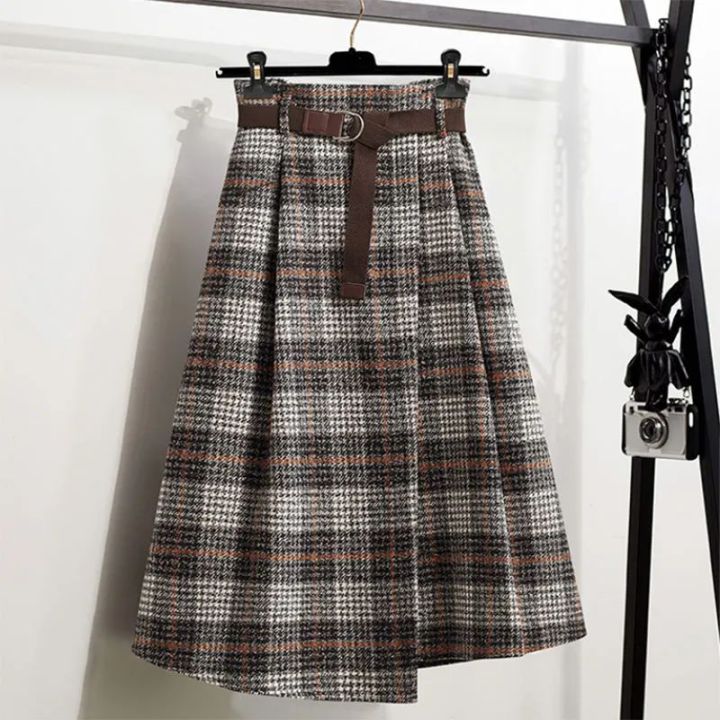 Gray%20Plaid%20Vintage%20Woolen%20Sashe%20Elastic%20High%20Waist%20A-line%20Loose%20Women's%20Skirt%20Mid-Calf%20Long%20Skirts%20For%20Women%20Clothing%20Fashion%20-%20Image%203