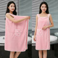 Coral Fleece Bath Skirt Soft Thick Highly Absorbent Wearable Towel with Bow Pocket Suspender Style Robe for Bathroom.