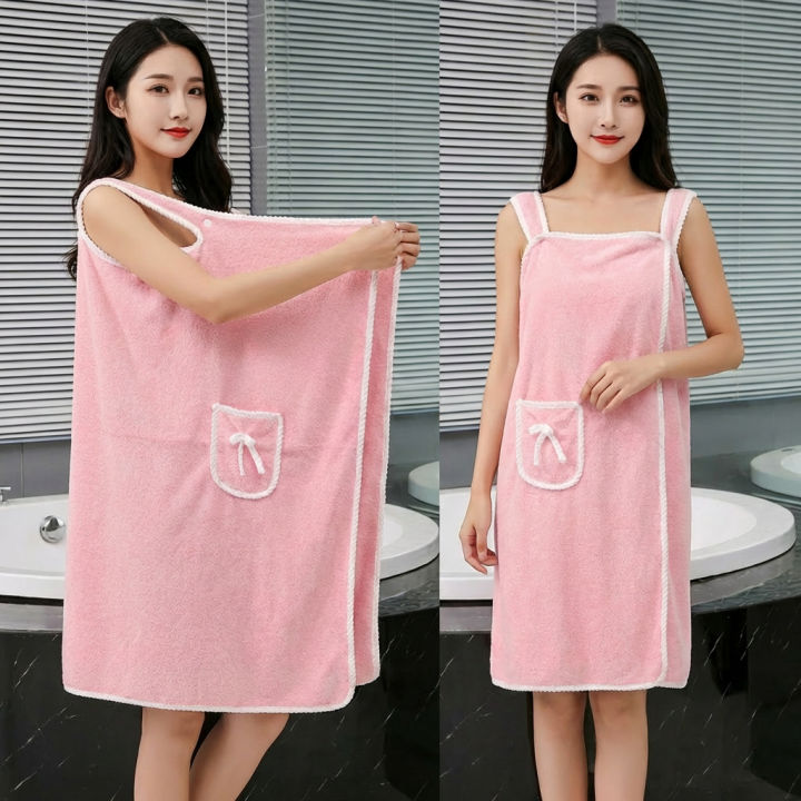 Coral%20Fleece%20Bath%20Skirt%20Soft%20Thick%20Highly%20Absorbent%20Wearable%20Towel%20with%20Bow%20Pocket%20Suspender%20Style%20Robe%20for%20Bathroom%20-%20Image%203