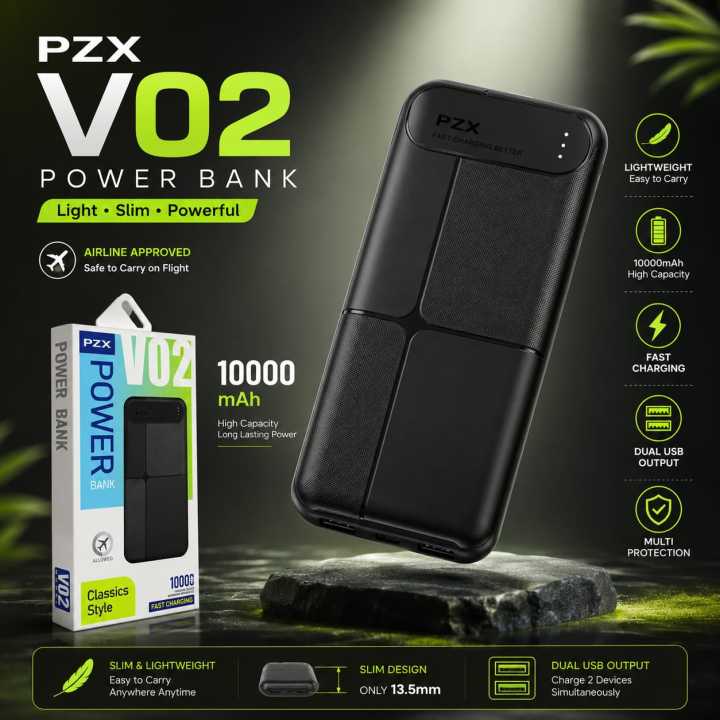 PZX V02 10000mAh Fast Charging Power Bank – Dual USB Portable Charger