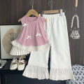 Bear Leader Summer Pink Girls Clothes Bow Decoration Sleeveless Top+Lace Patchwork Pants Fashionable New Easter Children's Set. 