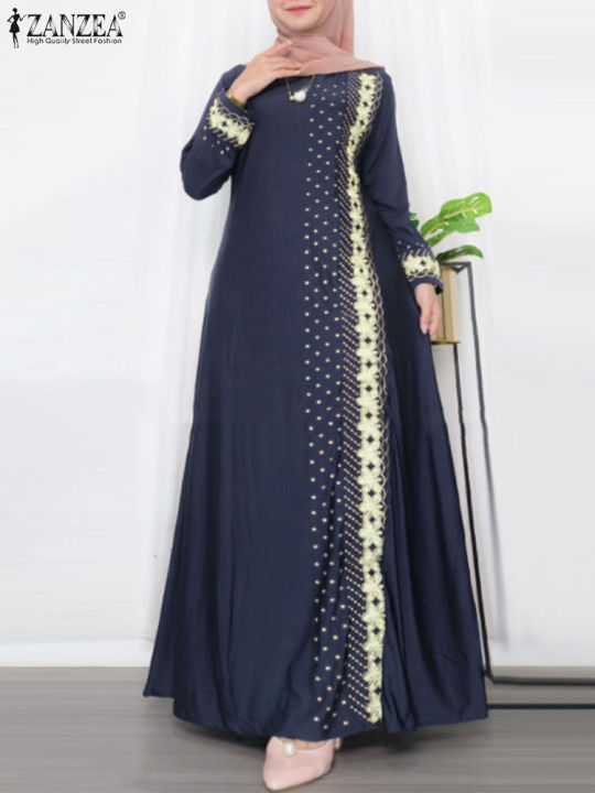 ZANZEA Muslim Fashion Dresses Abaya Women Elegant Long Sleeve Floral Printed Maxi Sundress Vestidos Kaftan IsIamic Robe Ramadan