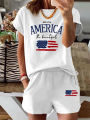 Summer Women's Comfortable and Loose White Cartoon Print Casual Loose Round Neck Short Sleeved T-Shirt Shorts Two-Piece Set. 