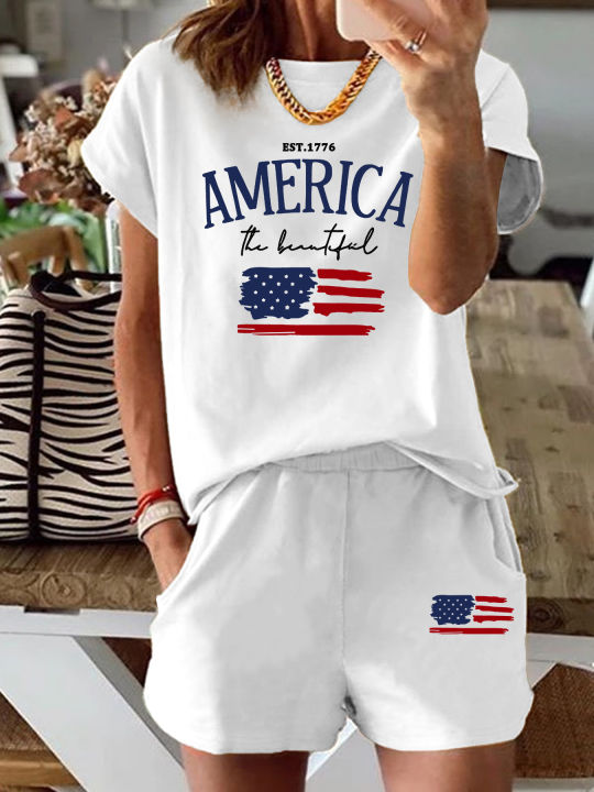 Summer%20Women's%20Comfortable%20and%20Loose%20White%20Cartoon%20Print%20Casual%20Loose%20Round%20Neck%20Short%20Sleeved%20T-Shirt%20Shorts%20Two-Piece%20Set%20-%20Image%202
