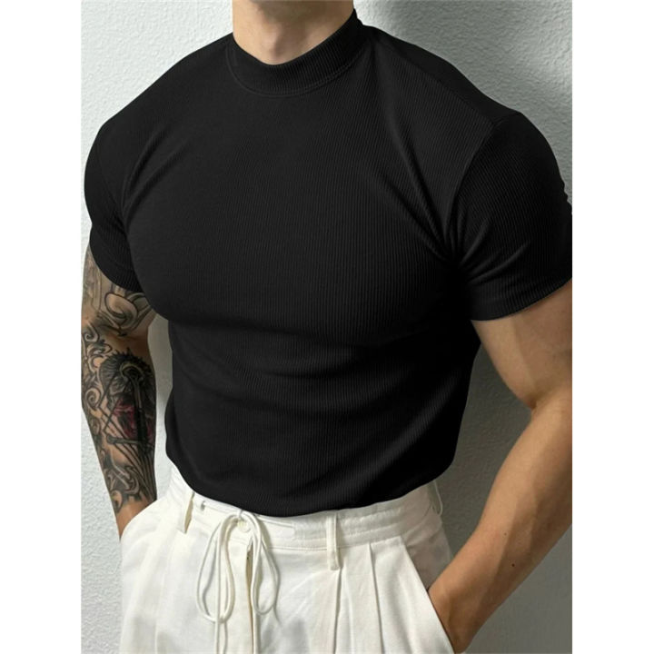 Spring%20Summer%20Elastic%20Men's%20T-Shirt%20Small%20High%20Collar%20Stripe%20Shirt%20Short%20Sleeve%20Fitness%20Top%20Leisure%20Sport%20T-Shirt%20Men%20Sportswear%20-%20Image%202