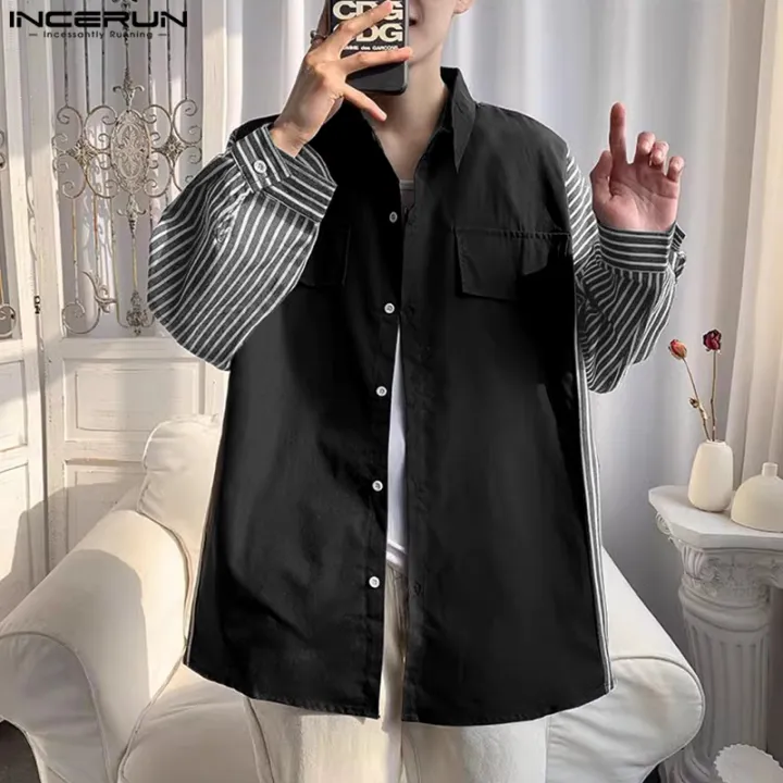 Handsome Men's Clothing Tops INCERUN 2024 Striped Patchwork Design Shirt Casual City Walk Comfortable Long Sleeved Blouse S-5XL