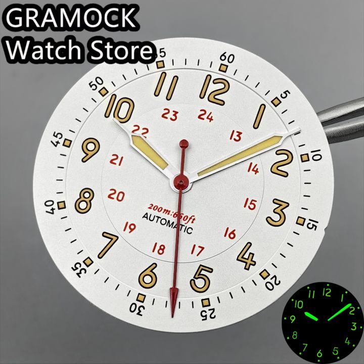 GRAMOCK Pilot Dial 29mm White Field Watch Dial Yellow Number For NH35 ETA PT5000 Miyota DG2813 ST2130 Movement Hand Set Luminous