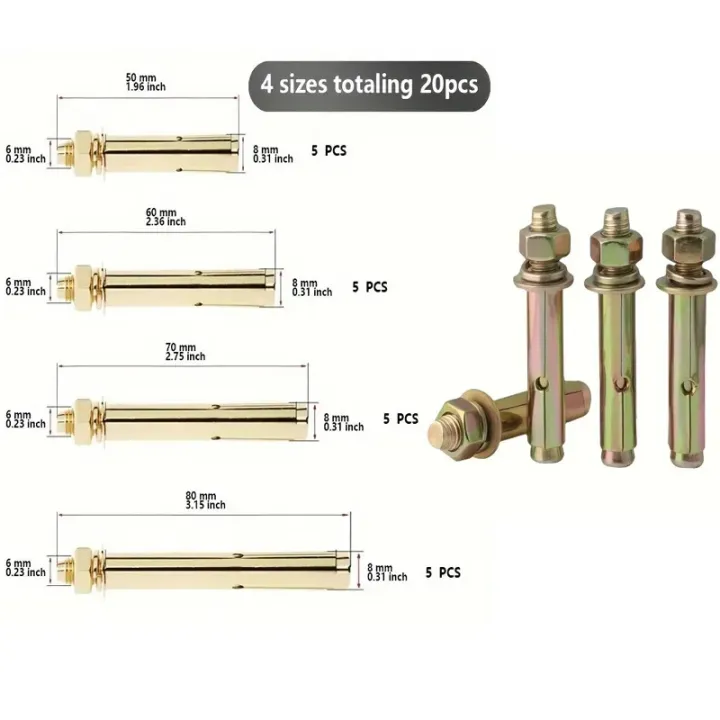 20pcs%20Heavy%20Duty%20Expansion%20Bolt%20Anchor%20Plasterboard%20Yellow%20Zinc%20Plated%20Fix%20Bolts%20M6%20Sleeve%20Wall%20Anchor%20for%20Concrete%20-%20Image%203
