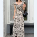Chic Korean Clothes Design Autumn Women Sleeveless Japan Girls Cute Floral Printed Retro Vintage Date Black Long Maxi Dress. 