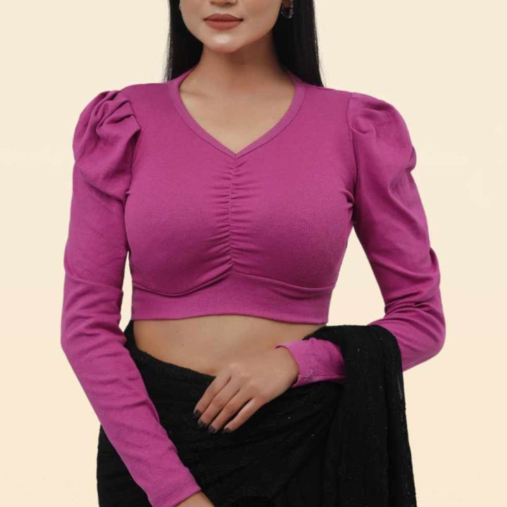 Crop%20Top%20Blouse%20For%20Women%20Summer%20Collection%20Ribbed%20Cotton%20Spandex%20Fabric%20Casual%20Slim%20Fit%20Long%20Sleeve%20Style%20Solid%20Colors%20-%20Image%202