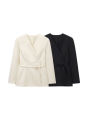 Women's Chic V-Neck Blazer Coat with Belt Long Sleeve Snap-Button Fashion Outerwear Top. 