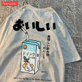 Cute Japanese Cat Print Oversized T-shirt Women Men Short Sleeve Loose Casual Tee Shirt Streetwear Tops Cotton Harajuku Clothing.