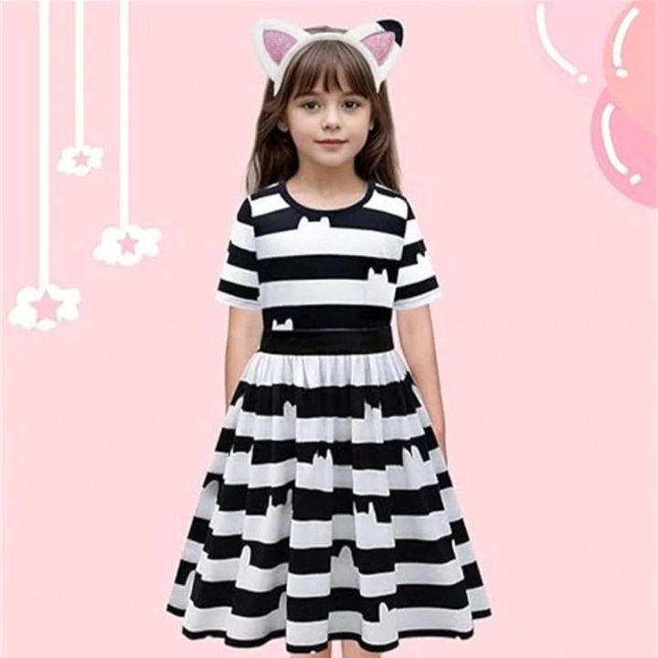 Cartoon Girls Princess Clothing Rainbow Print Cat Striped Dress With Headband Halloween Cosplay Birthday Party Clothes 3-8 Year