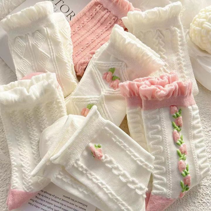 5%20Pairs%20Of%20Cute%20Harajuku%20Lolita%20White%20Women's%20Socks%20Set%20Spring%20And%20Summer%20Lace%20%20Cotton%20Socks%20%20Pink%20Style%20Socks%20With%20Ruffles%20-%20Image%205