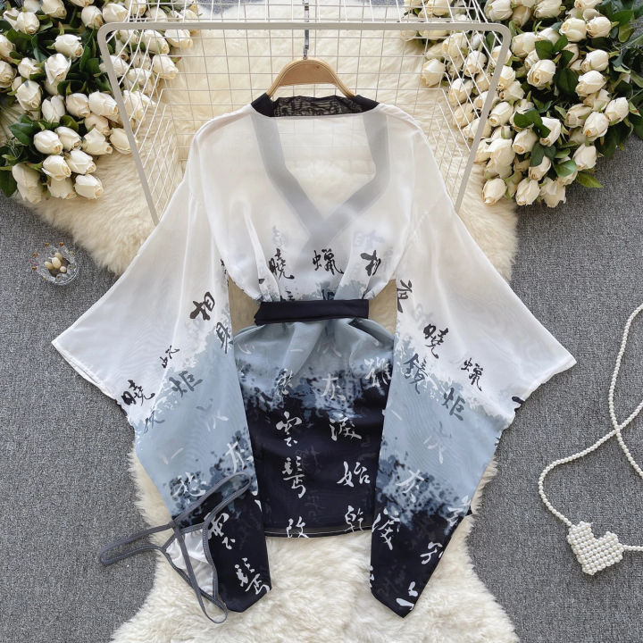 %20Kimono%20Chinese%20Characters%20Print%20Slightly%20Transparent%20One%20Piece%20Bathrobe%20Loose%20Sleeves%20Causal%20Top%20And%20Shorts%20Two-Piece%20Set%20-%20Image%203