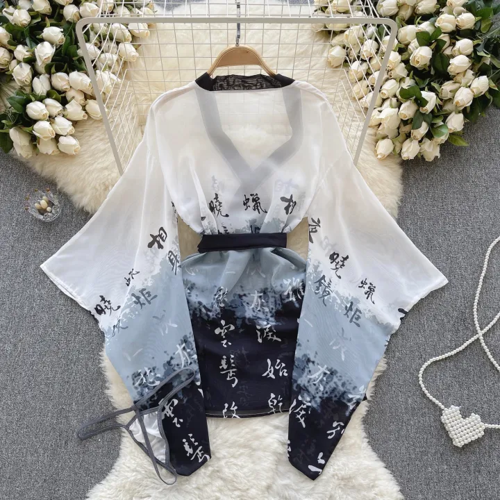 %20Kimono%20Chinese%20Characters%20Print%20Slightly%20Transparent%20One%20Piece%20Bathrobe%20Loose%20Sleeves%20Causal%20Top%20And%20Shorts%20Two-Piece%20Set%20-%20Image%203