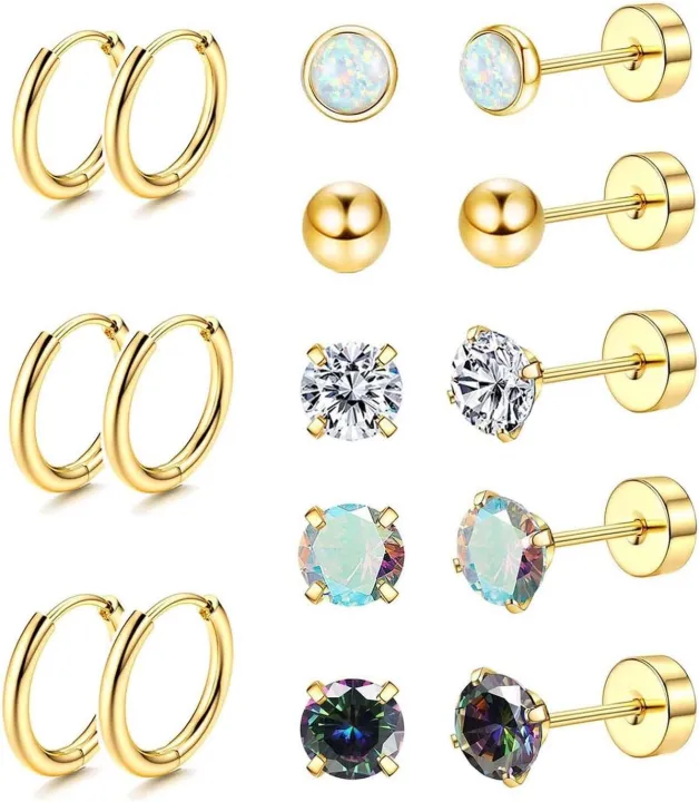 Hypoallergenic%2018G%20Stainless%20Steel%20Stud%20Hoop%20Earrings%20Set%20for%20Women%20Men%20CZ%20Flat%20Back%20Earrings%20Cartilage%20Earrings%20Hoop%20Stud%20-%20Image%207
