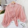 Casual Loose Hollow White Clothes Elegant Solid Color Tied Waist Blouse Women Summer Bat Half Sleeve Button Chiffon Shirt 9776. 