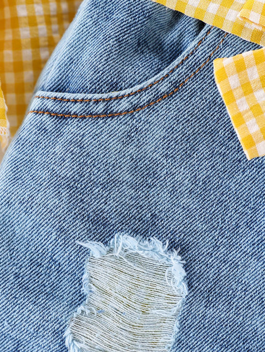 Summer%20Baby%20Girls%20Clothing%20Set%20&%20Denim%20Shorts%20Set%202-6Y%20%7C%20Yellow%20Plaid%20Ruffled%20Cami,%20Distressed%20Denim%20with%20Bow%20%7C%20Soft%20Breathable%20-%20Image%205