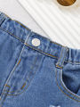 Girls' denim shorts baby children's summer wear woolly edge elastic waist denim blue. 